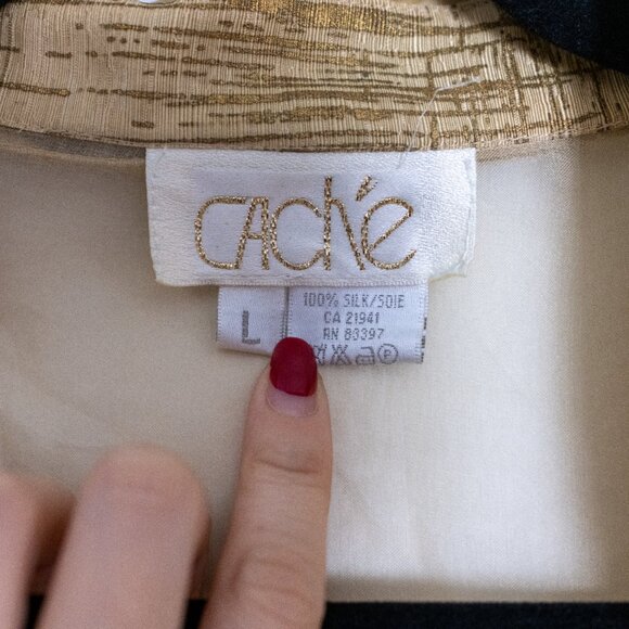 Sheer Vintage Caché 100% Silk Gold Trim Button-Up Blouse - Picture 7 of 7